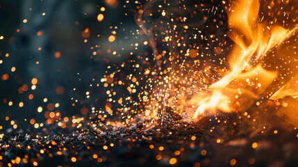 Detailed view of a fire being started with flint and steel, sparks flying