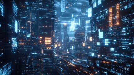 Naklejka premium Cyberpunk Cityscape with Glowing Lights