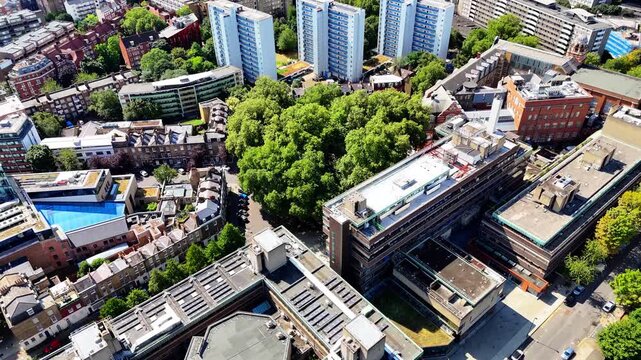 Aerial view of the aria near Northampton Square garden and London skyline in the distance