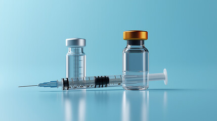 Vial with liquid drug as vaccine dose flu shot along with syringe for injection treatment on medical table. Vaccination or immunization care concept background.