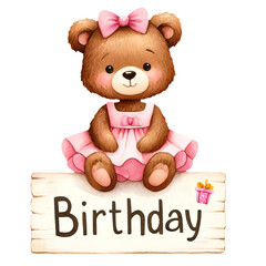 Adorable teddy bear with bow and dress sitting on birthday sign with gift. Cute illustration for birthday cards, invitations, and decorations.