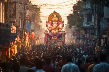 Fototapeta premium The crowded street comes alive with colorful floats and enthusiastic devotees celebrating Ganesh Chaturthi amidst joyous fervor