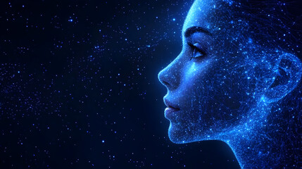 A digital representation of a female profile amidst a starry background.