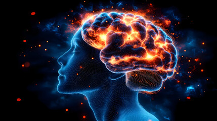 A digital representation of a human brain with glowing effects.