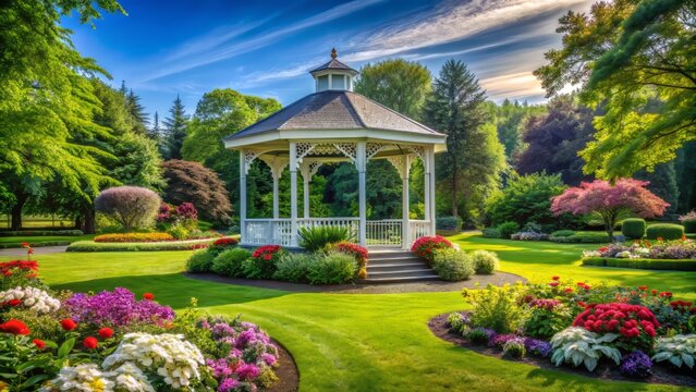 Serene summer scene featuring a picturesque white gazebo surrounded by lush greenery and vibrant flowers in a tranquil public park setting.