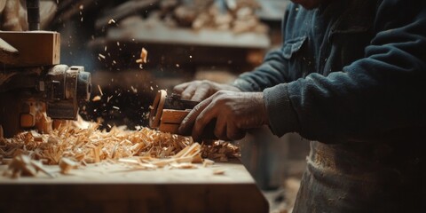 Skilled Artisan Shaping Wood: Traditional Craftsmanship in Rustic Workshop. Meticulous Woodworking Showcasing Precision, Cultural Heritage, and Dedication. Ideal for Labor Day Campaigns, Artisanal Mar