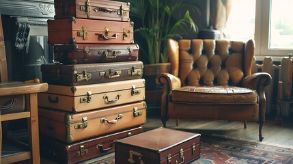 An inviting room with vintage stacked suitcases