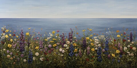 Naklejka premium Wildflowers at the ocean's edge, merging the beauty of land and sea, with vibrant flowers set against a tranquil ocean backdrop.