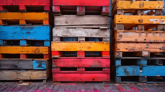 Colorful wooden pallets stacked together in an industrial 