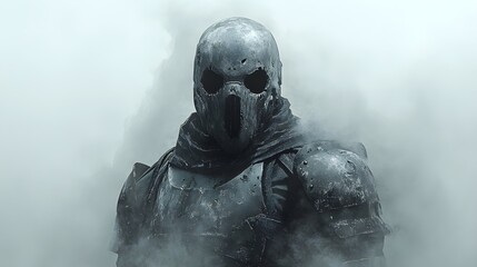 Ghostly soldier in a spooky Halloween mask, battle-worn armor, mysterious fog, high-detail illustration, spectral effects, isolated on white background