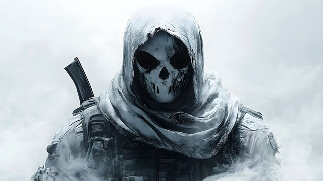 Ghostly soldier in a spooky Halloween mask, battle-worn armor, mysterious fog, high-detail illustration, spectral effects, isolated on white background