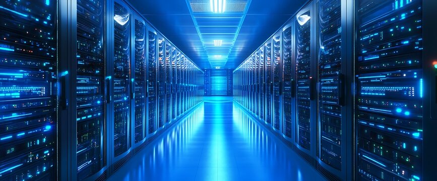 Row of illuminated server racks in a data center with blue light.