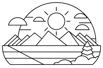 Mountain and sun with lines art vector illustration