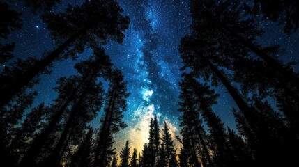 Silhouetted Pine Trees Against a Starry Night Sky