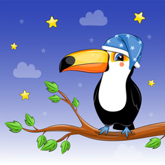 Cute cartoon toucan in a nightcap on a tree. Night bird vector illustration on blue background with stars and clouds. © Olena