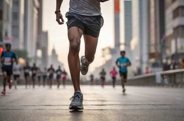 Runner racing through city street during marathon