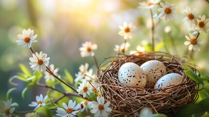 Obraz premium A bird's nest with three speckled eggs nestled in a bed of delicate white flowers with the sun shining through.