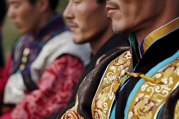 Traditional Mongolian clothing worn by men during a cultural event, highlighting heritage.
