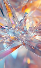6. Abstract 3D wall art featuring interlocking crystalline structures with a holographic finish, isolated on a bright background