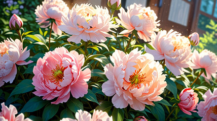 Fototapeta premium Blooming Peonies Garden Display, nature background wallpaper, anime illustration drawing