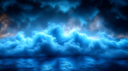 A dramatic ocean scene with swirling blue clouds and waves.