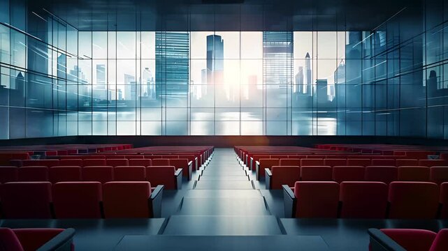 Modern empty auditorium with red seats and a large screen
