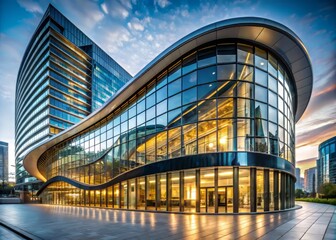 Sleek, modern building features a curved glass wall with a waving exterior, supported by a metal frame, showcasing futuristic architecture in a shopping mall or office setting.