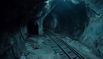 Naklejka premium Abandoned Mine Exploration: Rusty Trolley Tracks Winding Through Dark Tunnels. Industrial Heritage Captured in Haunting Detail. Perfect for Urban Exploration Themes, Historical Documentaries, and Atmo