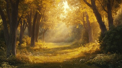 Obraz premium Sunlit Path Through Golden Autumn Forest