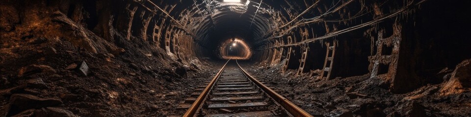 Naklejka premium Abandoned Mine Exploration: Rusty Trolley Tracks Winding Through Dark Tunnels. Industrial Heritage Captured in Haunting Detail. Perfect for Urban Exploration Themes, Historical Documentaries, and Atmo