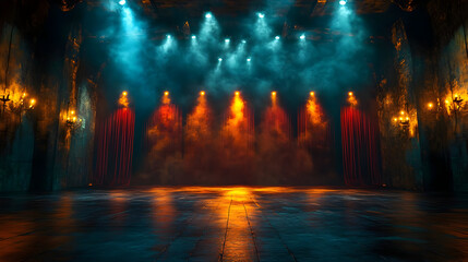 Obraz premium A dramatic stage with colorful lighting and smoke effects.