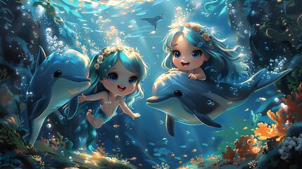 Girl The Sea Underwater Cartoon