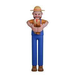 Male Farmer Professional Character. A farmer stands while holding two slices of bread that are served. 3D Illustration