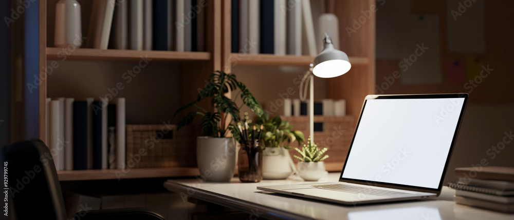 Canvas Prints a laptop computer mockup on a table in a dark room at night, illuminated by a table lamp.