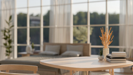 A space for displaying products on a wooden table in a cozy contemporary bedroom.