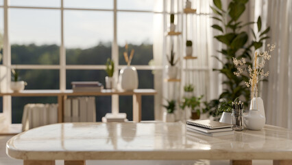 A space for displaying products on a marble coffee table in a contemporary room. a close-up image