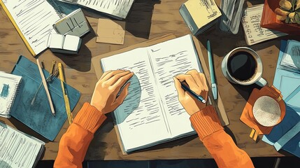 Hands immersed in writing, accompanied by a coffee cup, notebook, and various office tools, conveying a sense of focus and hard work, designed by a professional with over 15 years of industry
