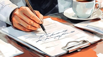 A realistic cartoon of hands scripting on paper, with a coffee cup, notebook, and organized desk items, emphasizing a productive work atmosphere, designed by a professional with over 15 years of