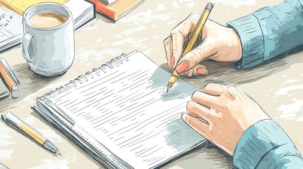 A realistic cartoon of hands scripting on paper, with a coffee cup, notebook, and organized desk items, emphasizing a productive work atmosphere, designed by a professional with over 15 years of