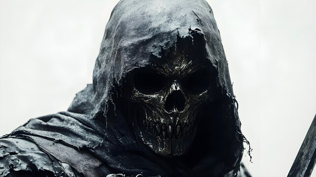 A menacing skeletal executioner wearing a Halloween mask, detailed skull and bones, dark fantasy theme, isolated on white background