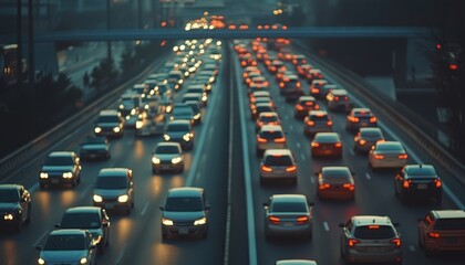 Obraz premium Urban Rush Hour Gridlock: Commuter Challenges and Infrastructure Strain Visualized. Peak Traffic Congestion Highlights Daily Transportation Hurdles. Essential for City Planning, Traffic Management App