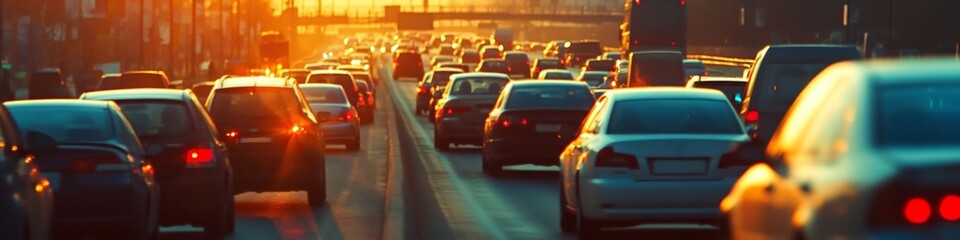 Fototapeta premium Urban Rush Hour Gridlock: Commuter Challenges and Infrastructure Strain Visualized. Peak Traffic Congestion Highlights Daily Transportation Hurdles. Essential for City Planning, Traffic Management App