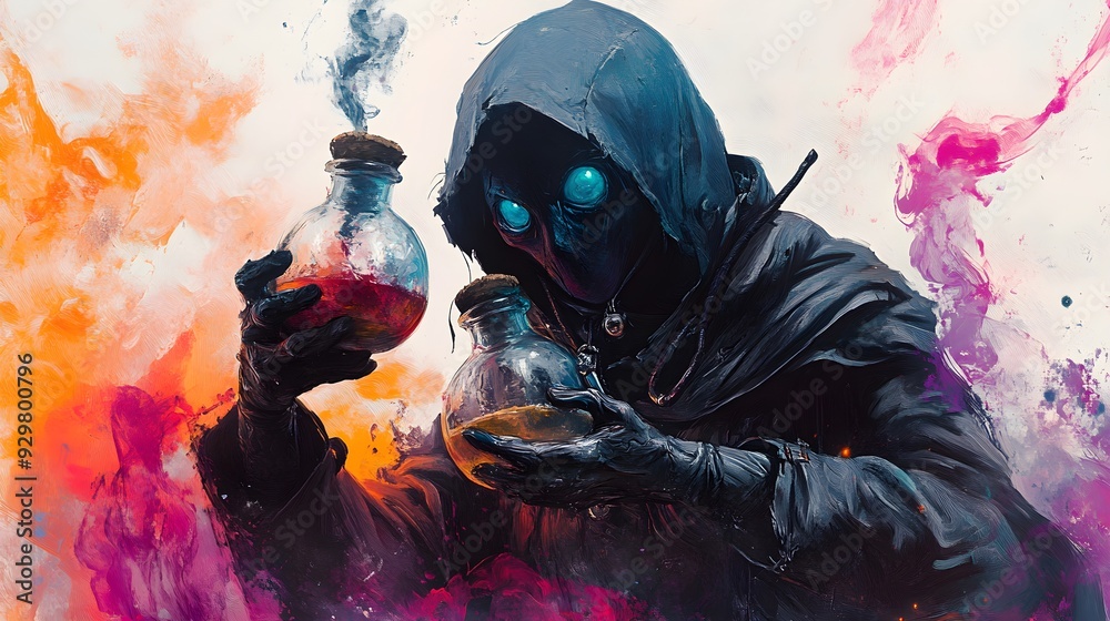 Wall mural a phantom alchemist blending potions, wearing eerie halloween masks, dark fantasy art style, superna