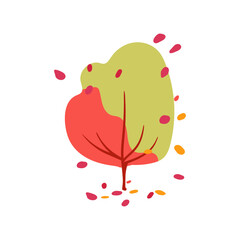 Hand drawn tree with light red and green leaves, suitable for spring and autumn. Simple design. Flat vector illustration. Icon plant