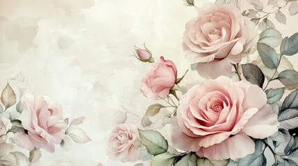 A delicate floral design featuring soft pink roses and leaves on a light background.