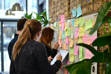 Freelancers holding a collaborative brainstorming session with sticky notes and visual aids on a wall