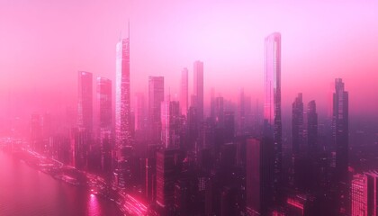Fototapeta premium Futuristic Rose-Tinted Metropolis: Skyline Bathed in Pink Hues Showcases Architectural Marvels and Technological Advancements. Visionary Urban Landscape Blends Innovation and Aesthetics. Perfect for S