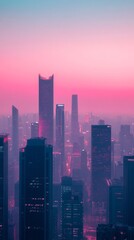 Fototapeta premium Futuristic Rose-Tinted Metropolis: Skyline Bathed in Pink Hues Showcases Architectural Marvels and Technological Advancements. Visionary Urban Landscape Blends Innovation and Aesthetics. Perfect for S