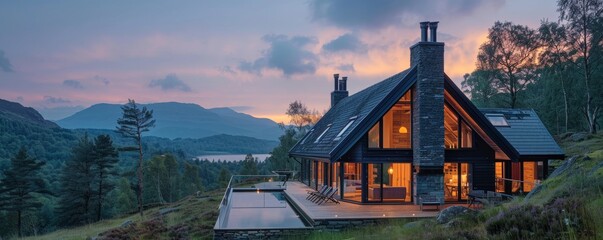 Stunning modern cabin in scenic landscape during sunset, featuring large windows and beautiful...