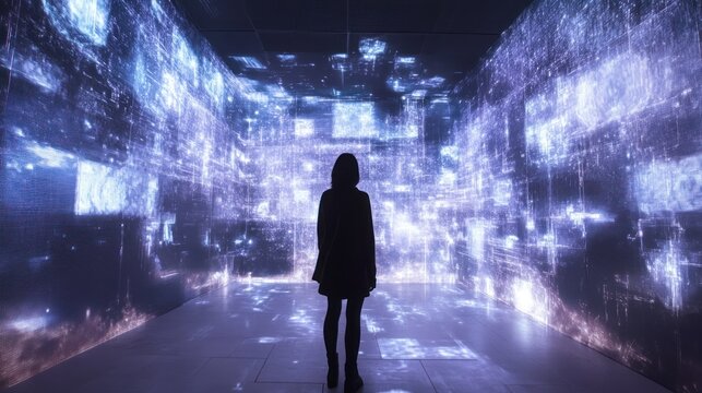 Silhouette of a Woman Standing in a Room with Projections of Blue and White Digital Data